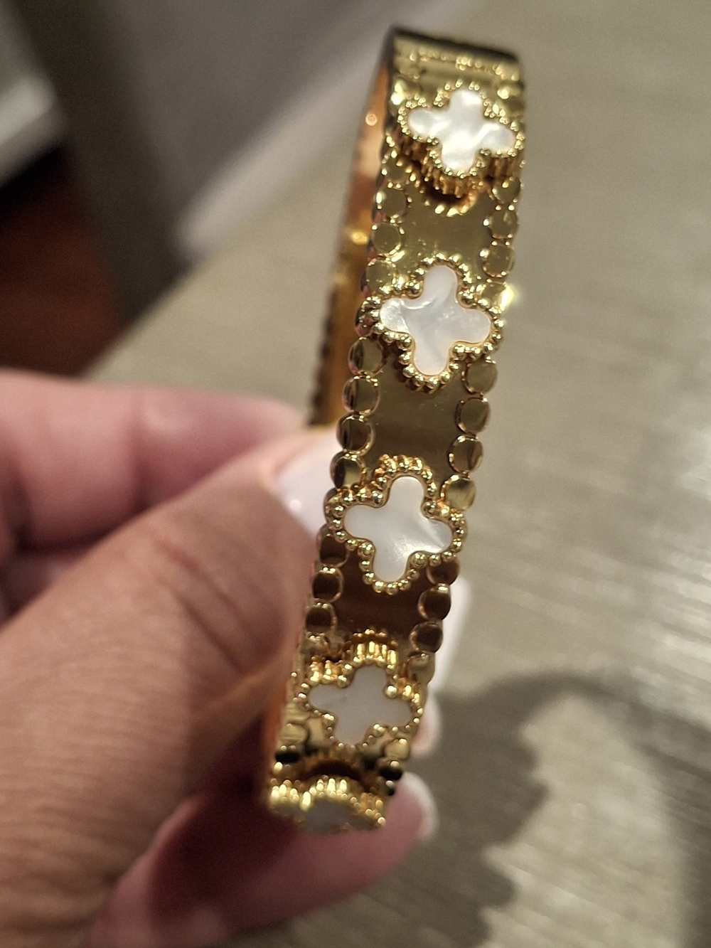 Gold-Tone Women's Bracelet with White Mother-of-Pearl Clover Accents